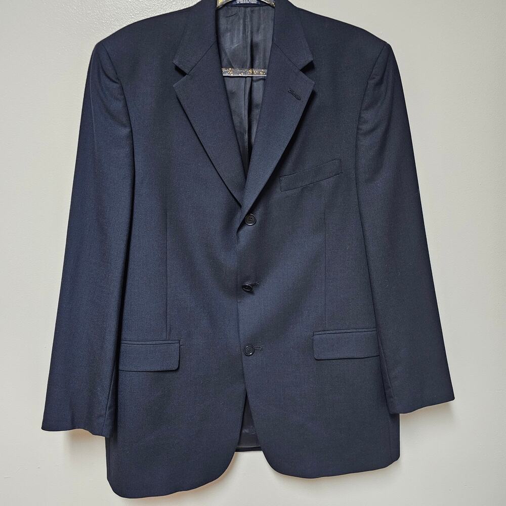 Kenneth Cole Navy Notched Collar 3 Button Blue Suit Jacket Made in US Size 44L